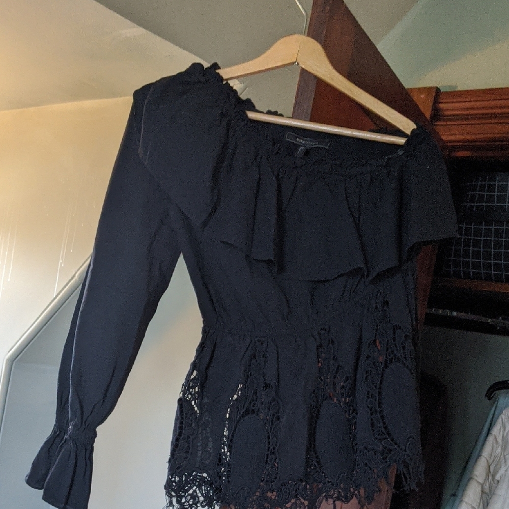 Petite Feminine BCBGMaxAzria Black Lace Off-Shoulder Top